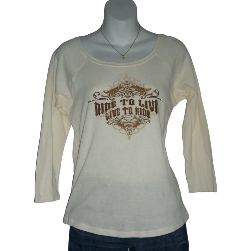 Harley Davidson Shirt Ivory Brown Glitter Logo Biker Lansing Michigan Tee Top L